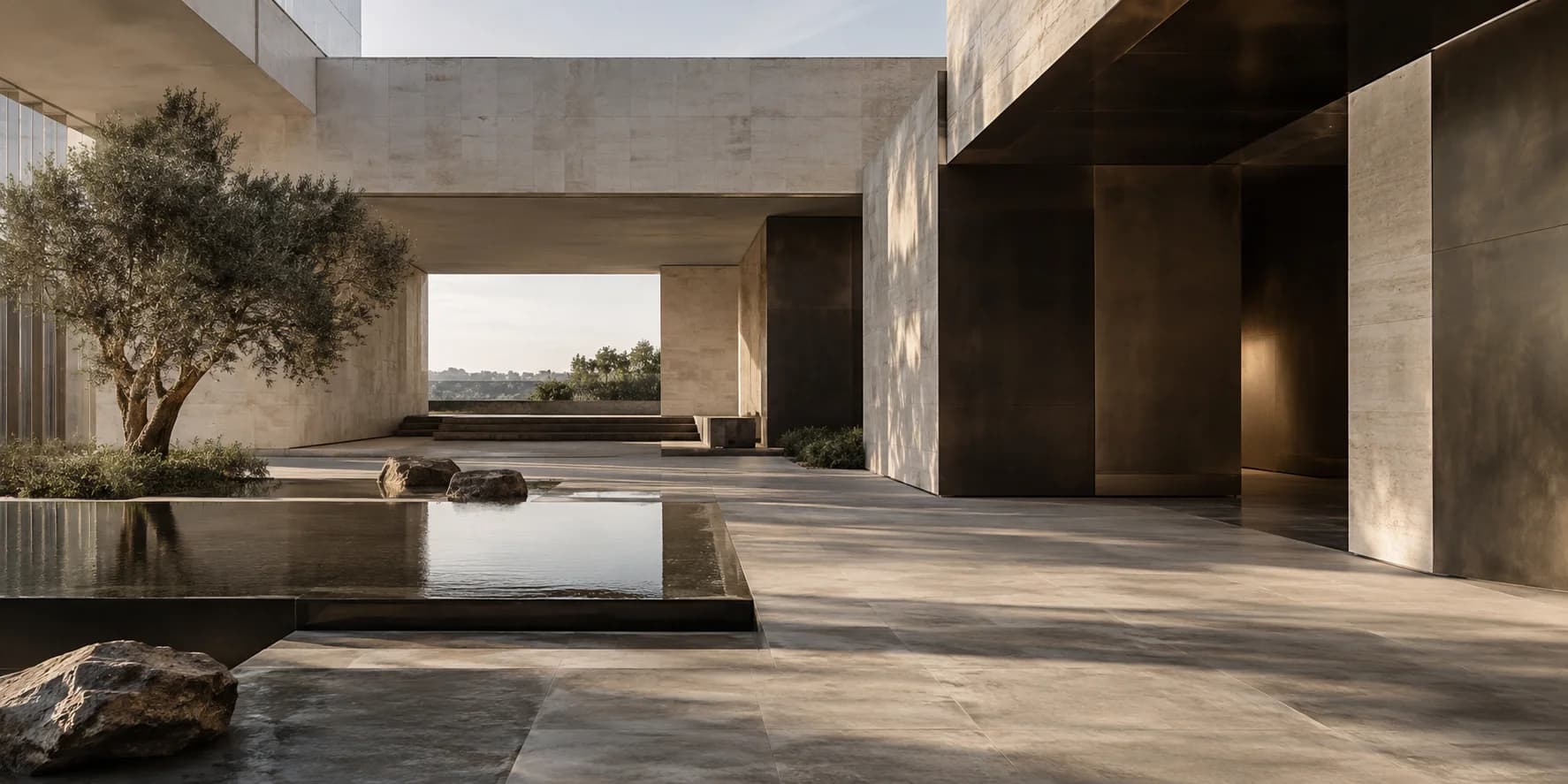 Planos de pedra e bronze enquadram um pátio de arquitetura contemporânea — imagem conceitual